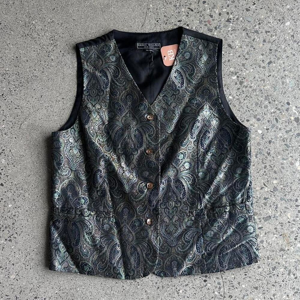 Harris Wallace Paisley Brocade Vest Green Black Vintage Tailored Waistcoat Silk